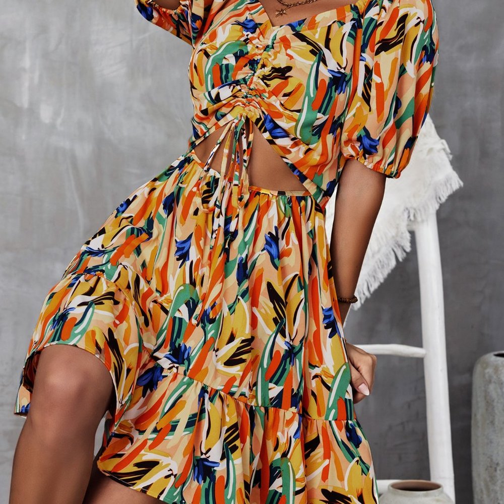 New Allover Print Cut Out Drawstring Front Puff S… - image 3